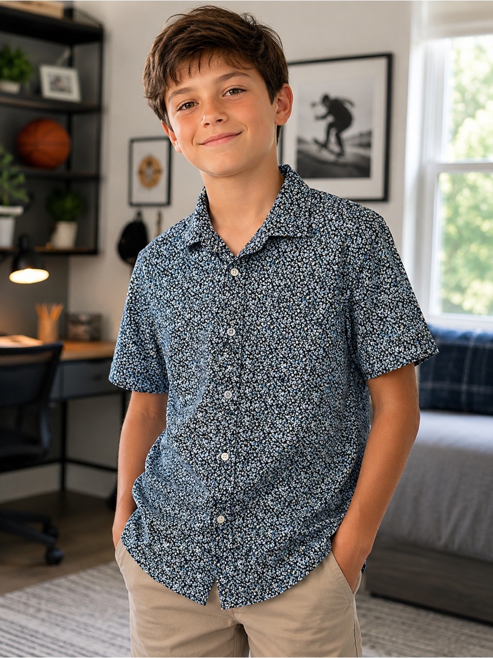 Vineyard Vines Medium Short-Sleeve Navy  Micro Floral Button-Up Shirt (032)